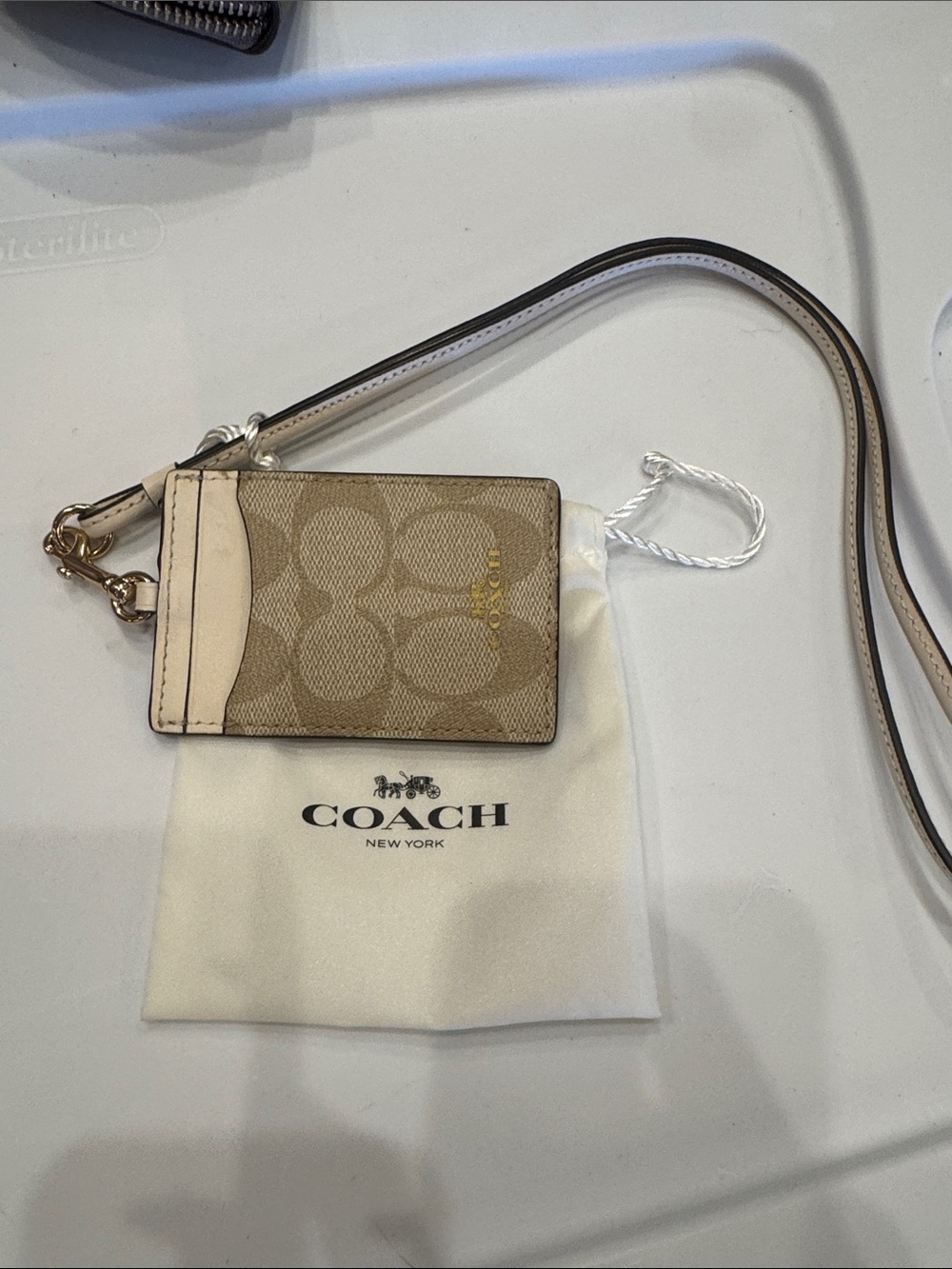Coach Beige Signature Cardholder with Pale Pink Trim and Lanyard